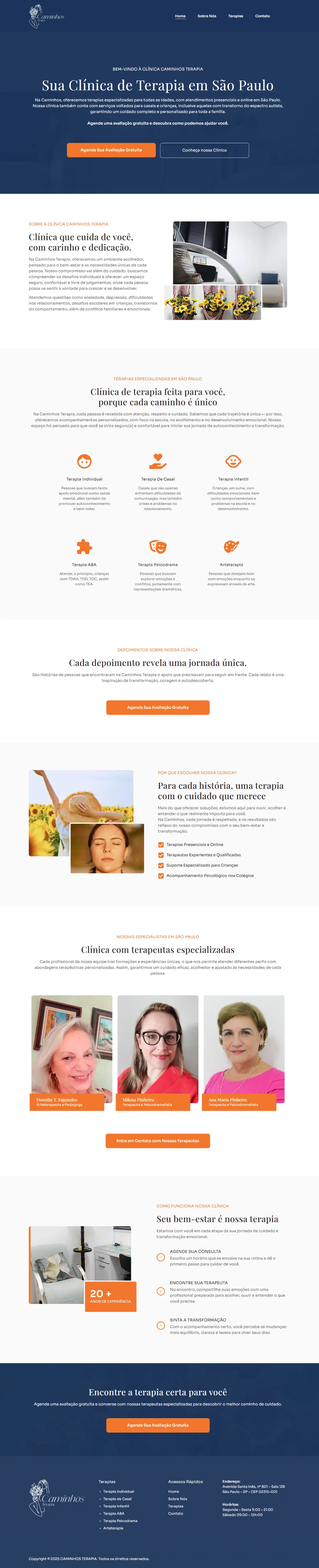 Página inicial completa do site da Caminhos Terapia